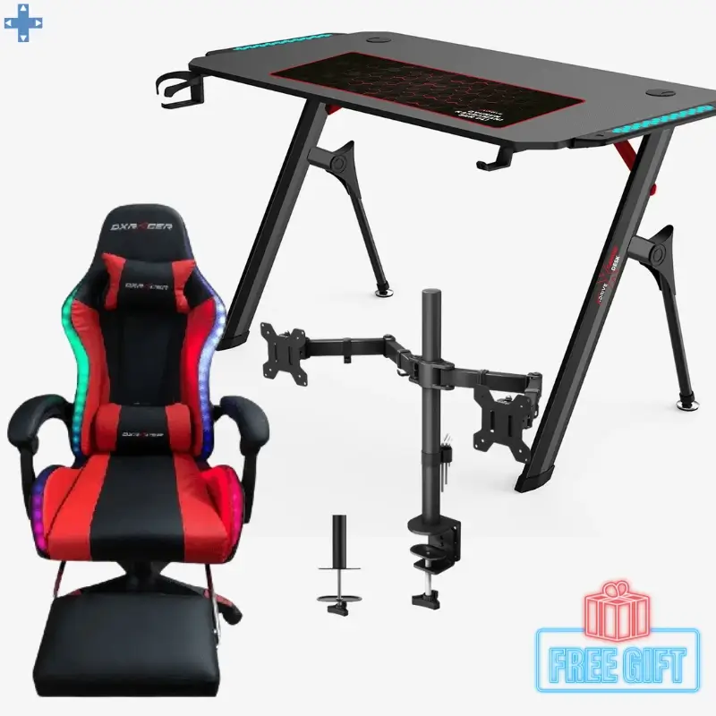 10 Pack Bureau Gamer RGB TD 02 + Chaise Gamer DxRacer Rouge RGb + Support Moniteur Z022