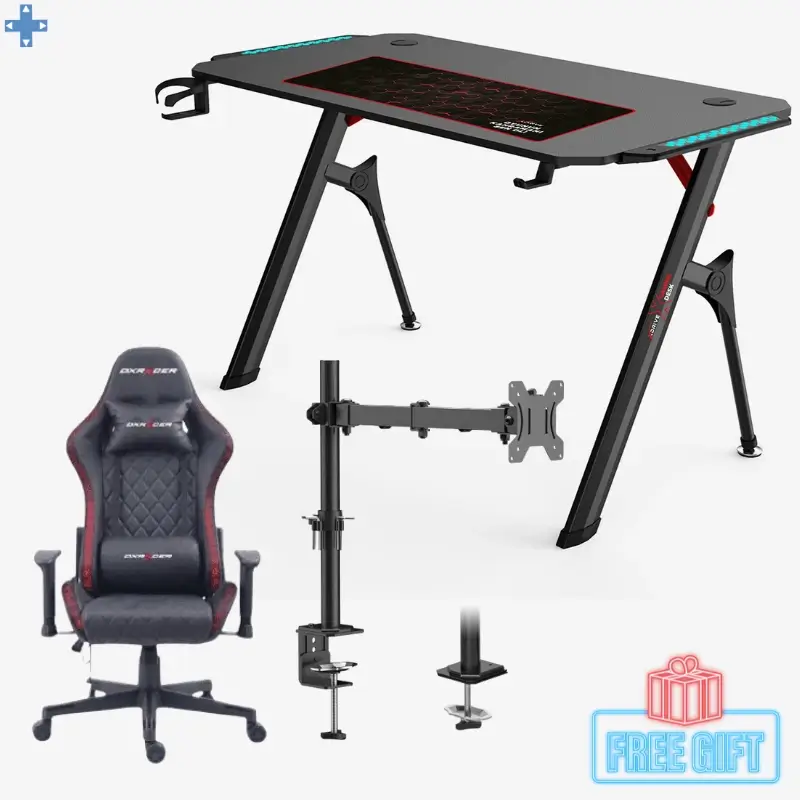 11 Pack Bureau Gamer RGB TD 02 + Chaise Gamer DxRacer Noire RGb + Support Moniteur Z011