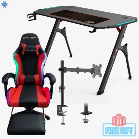 Pack Bureau Gamer RGB TD 02 + Chaise Gamer DxRacer Rouge RGb + Support Moniteur Z011