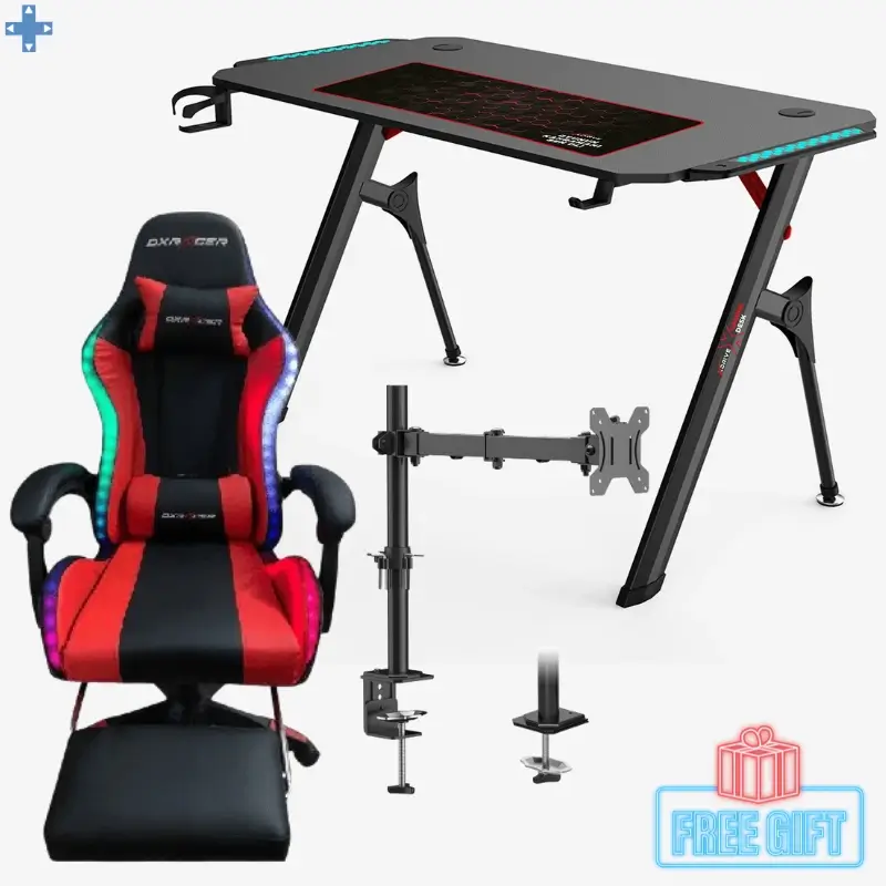 12 Pack Bureau Gamer RGB TD 02 + Chaise Gamer DxRacer Rouge RGb + Support Moniteur Z011