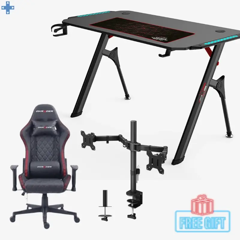 9 Pack Bureau Gamer RGB TD 02 + Chaise Gamer DxRacer Noire RGb + Support Moniteur Z022